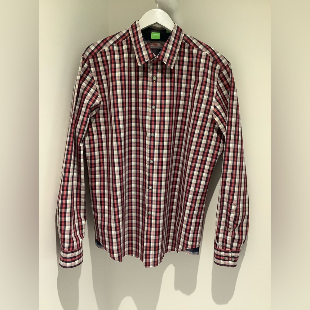 Hugo Boss Red and White Plaid Casual Shirt